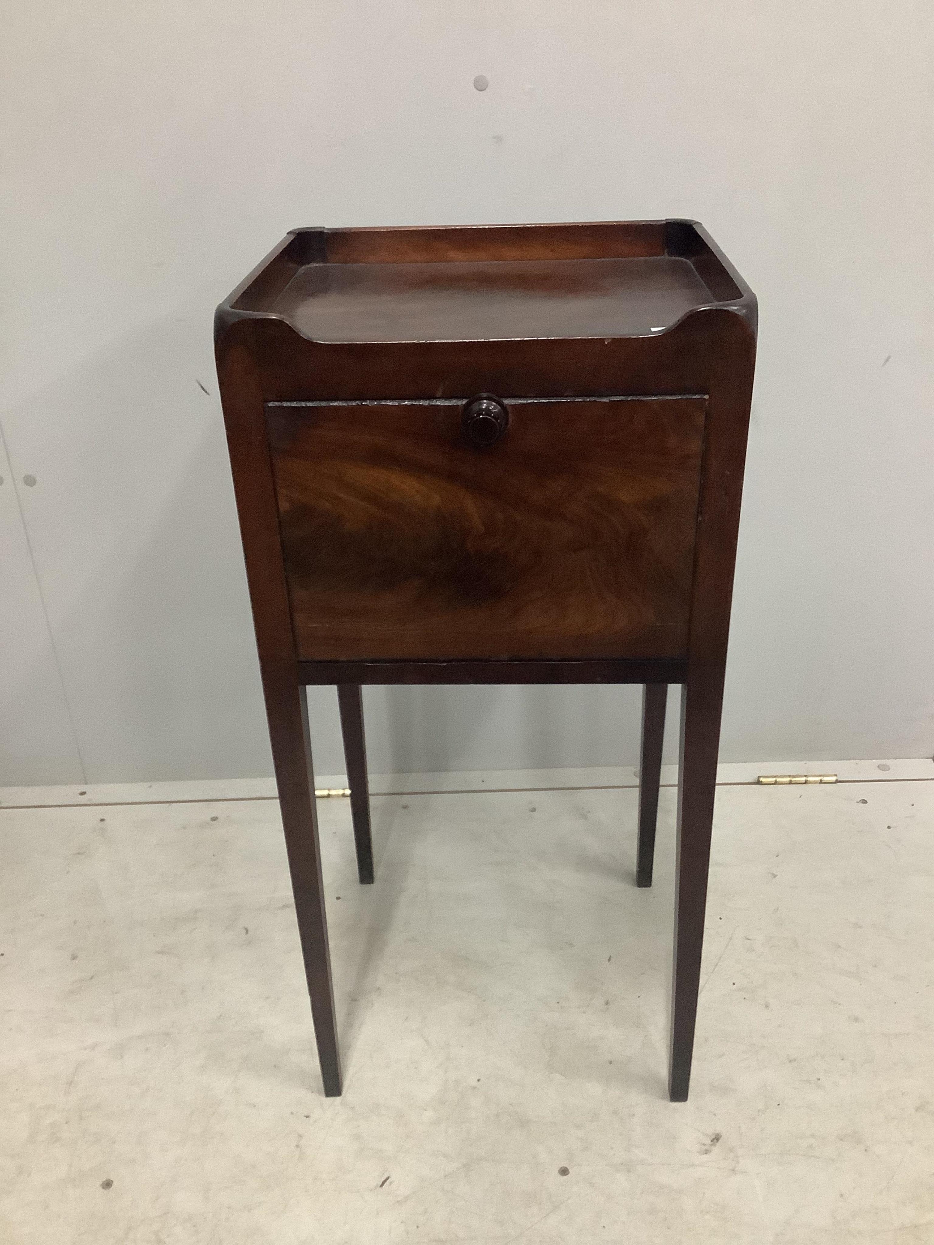 A George III mahogany tray topped bedside cabinet, width 38cm, depth 33cm, height 80cm. Condition - poor to fair